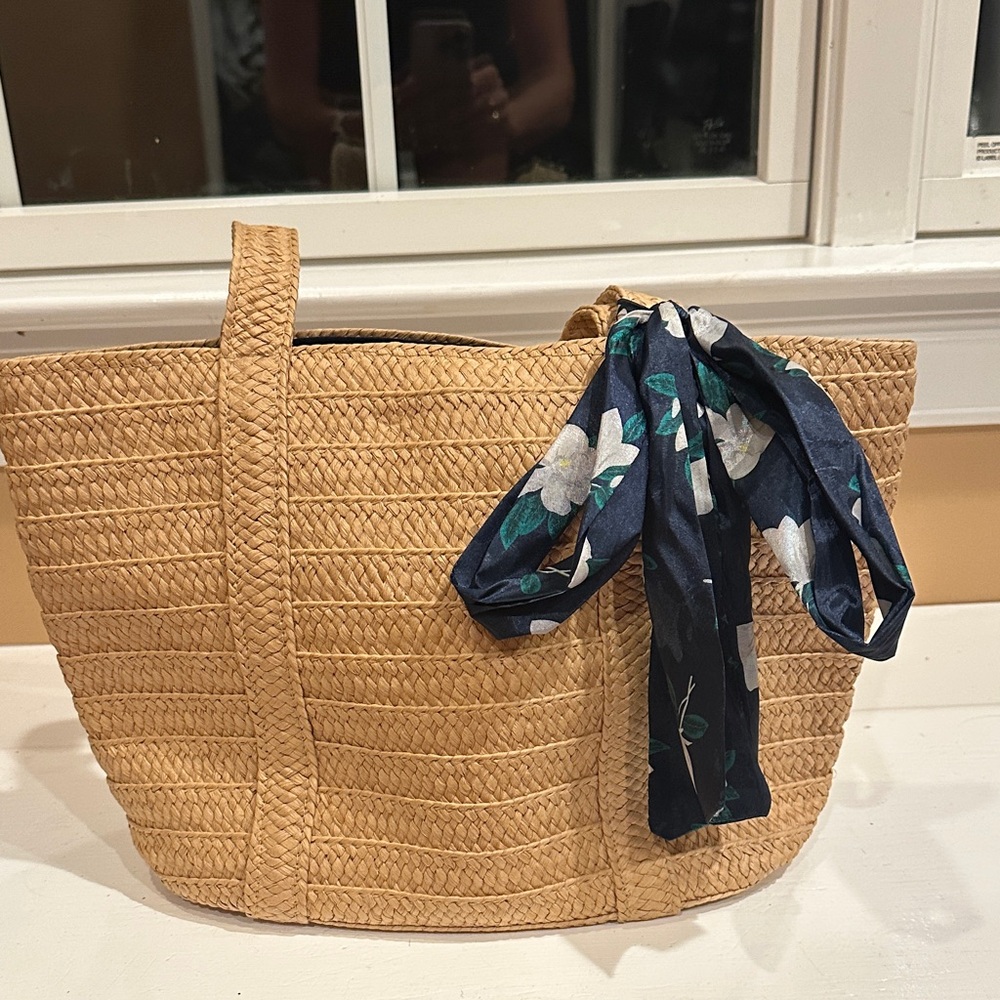 Stylish Tan Woven Draper James Tote Bag with Floral Scarf
